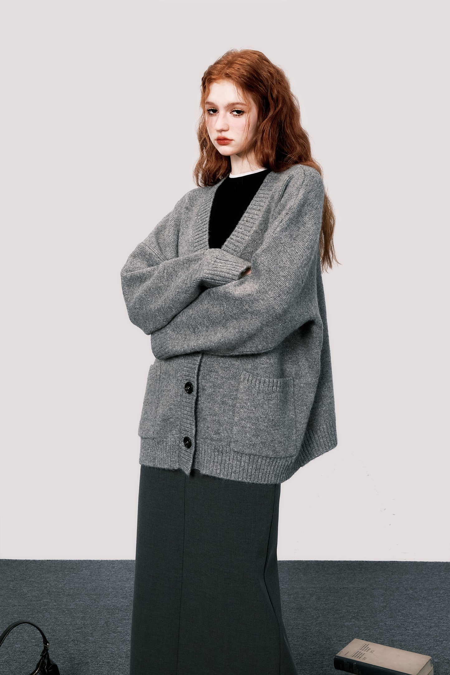 High-end gray wool knit cardigan