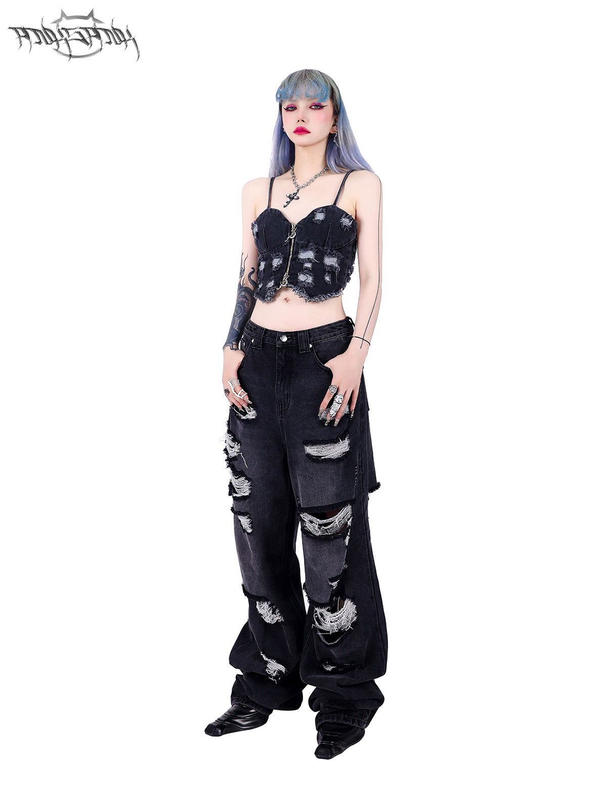 Wide Leg Irregular Damaged Denim Pants