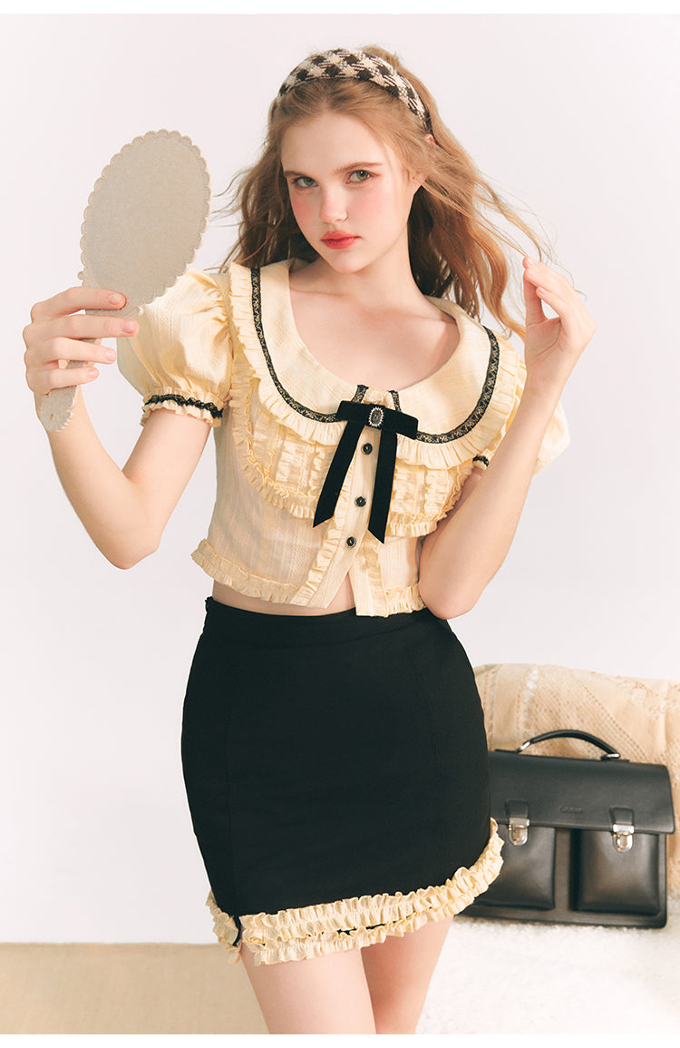 Jacquard Slim Short Length Shirt & Frill Slim Short Skirt Setup