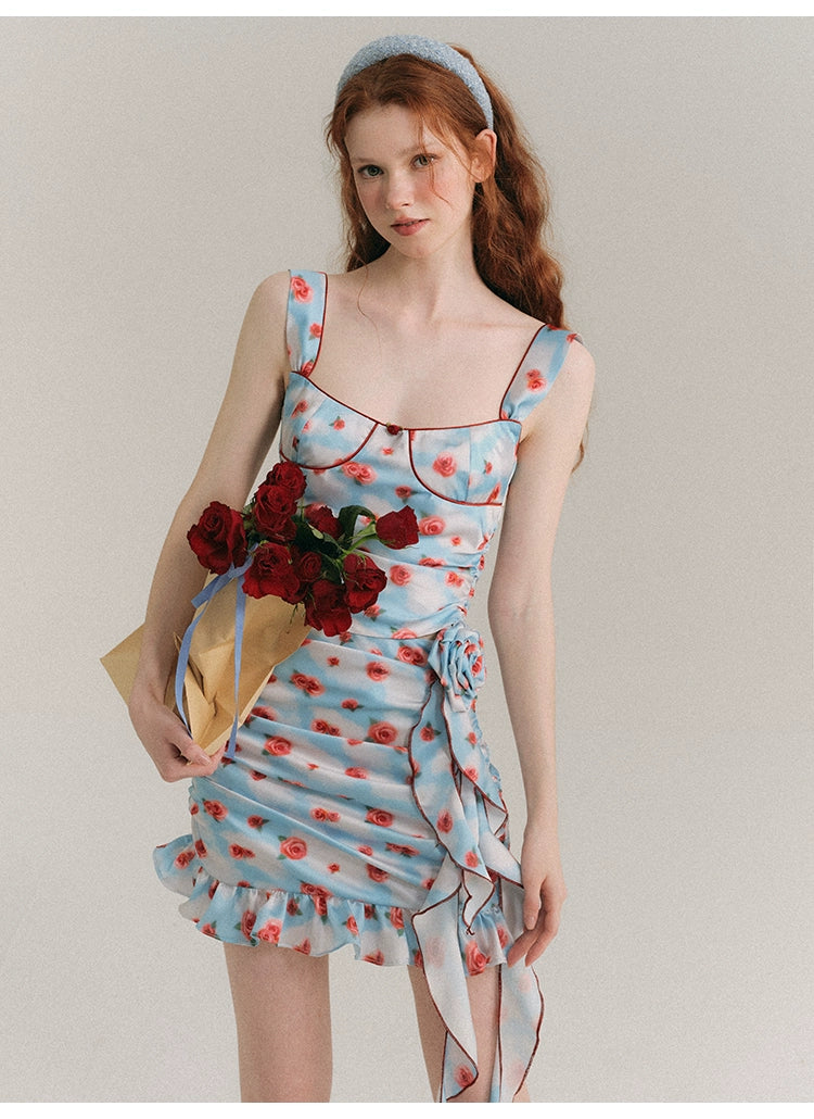 Slim Fit Rose Floral Pattern Suspender Dress