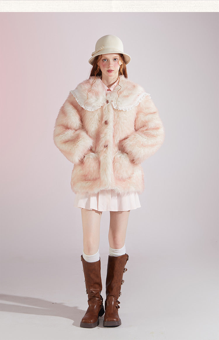 Original designSweet Baby Collar White&Pink Fur Coat