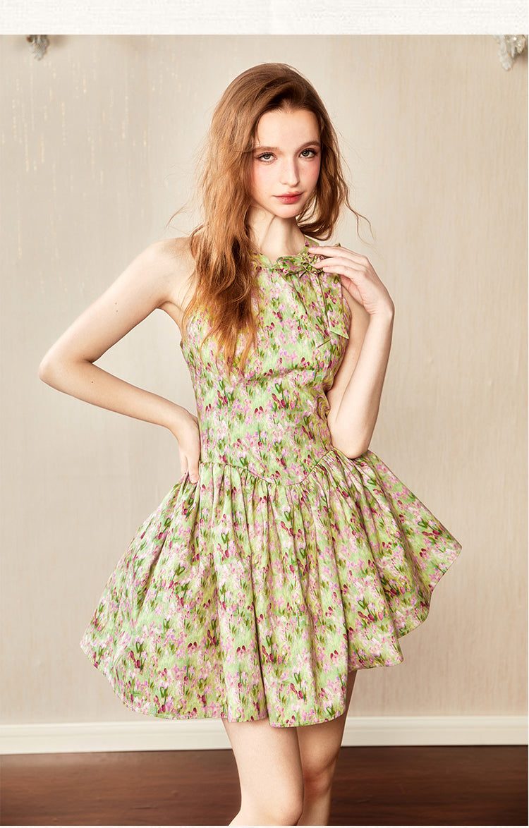 French Floral Retro Oil Painting Dress