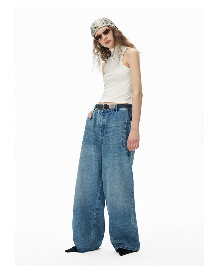 Wide leg irregular pocket washed denim pants