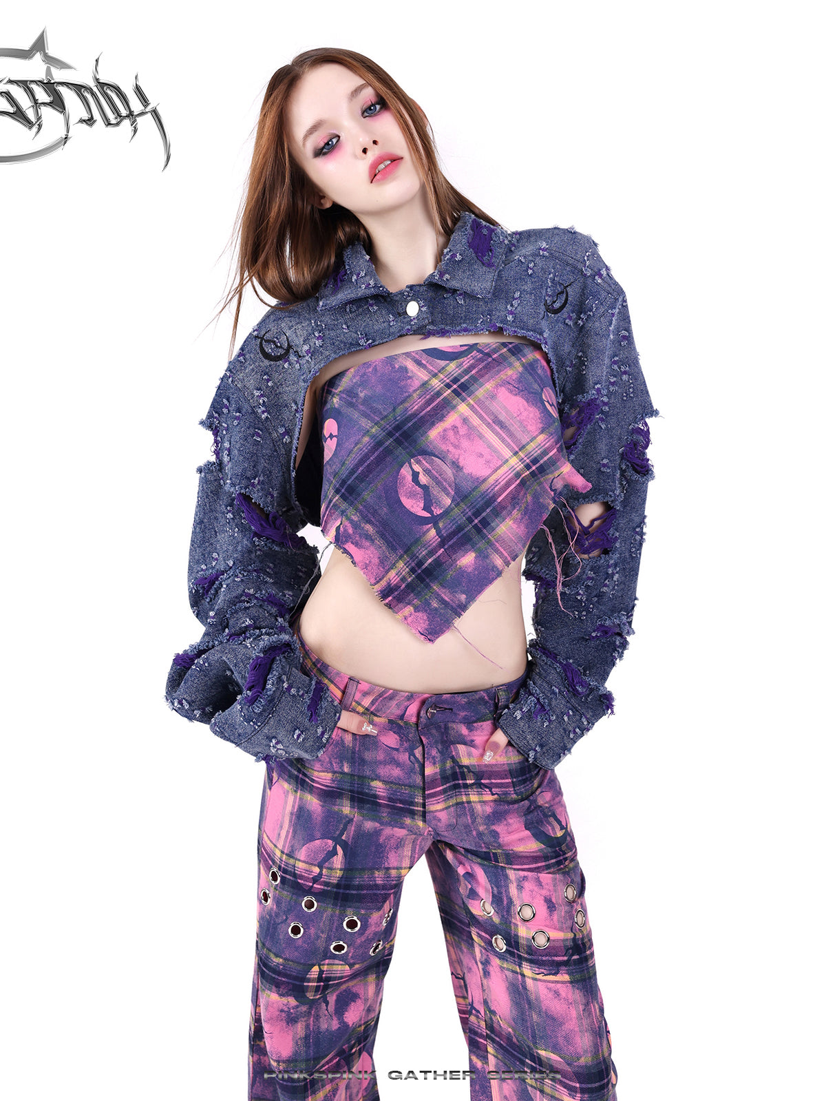 Loose Straight Plaid Metal Pants