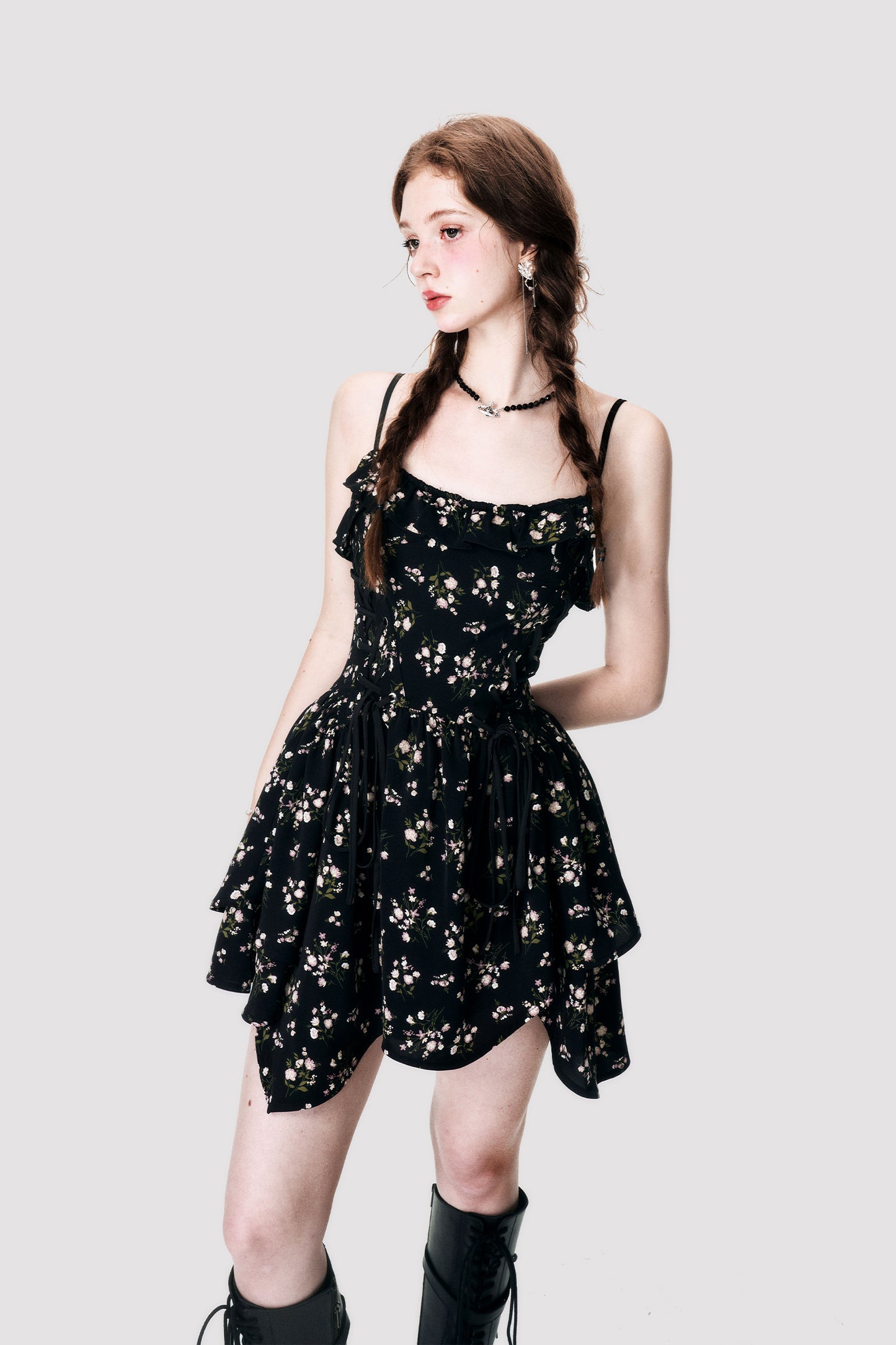 Irregular Waist Floral Short Length Dress