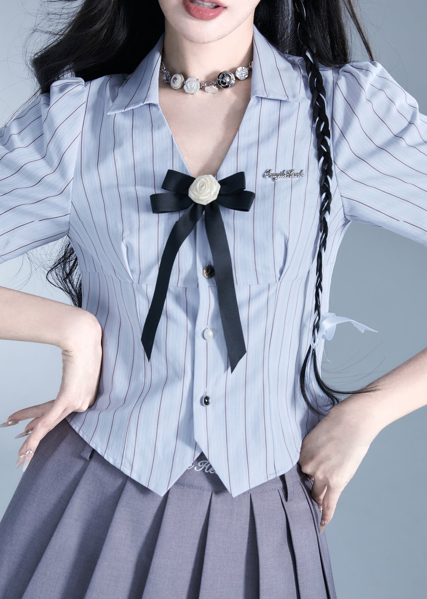 College Style Short Length Striped Shirt & Slim Fit Short Length Skirt Setup