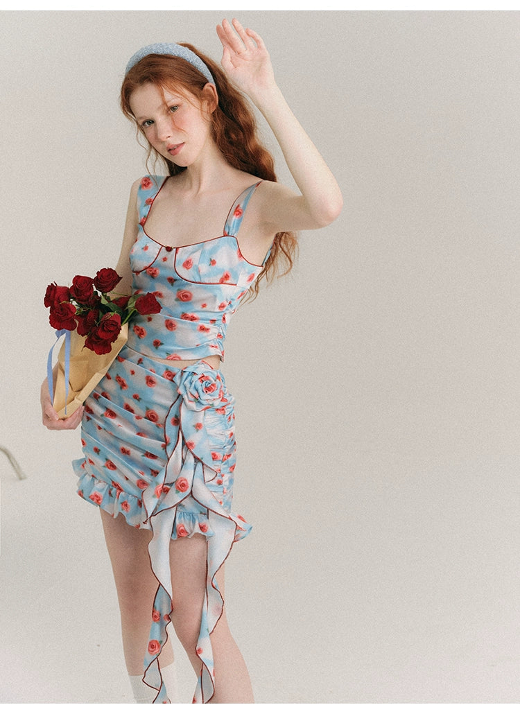 Slim Fit Rose Floral Pattern Suspender Dress