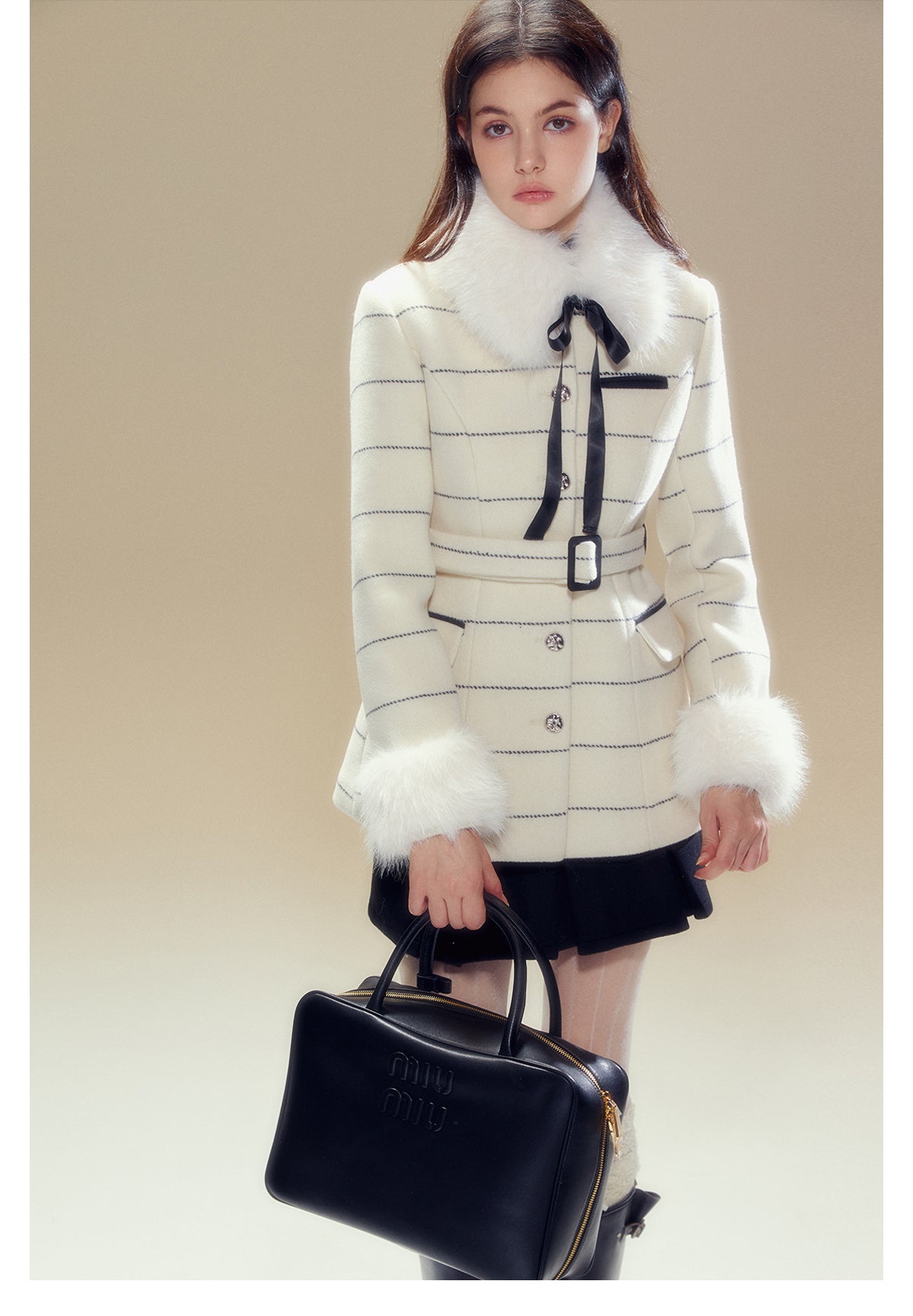 Short length striped collar fur wool coat