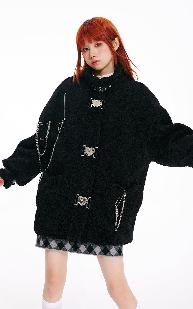 Thick heart button fur coat jacket