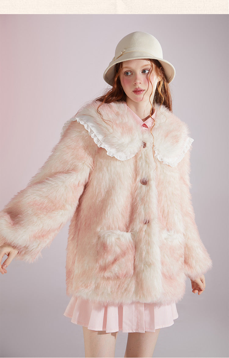 Original designSweet Baby Collar White&Pink Fur Coat