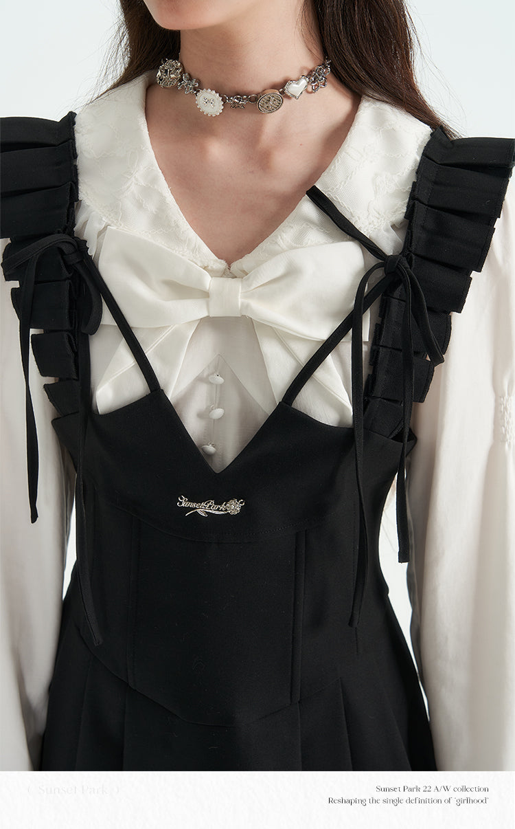 Black Slim Waist Skirt with Suspenders