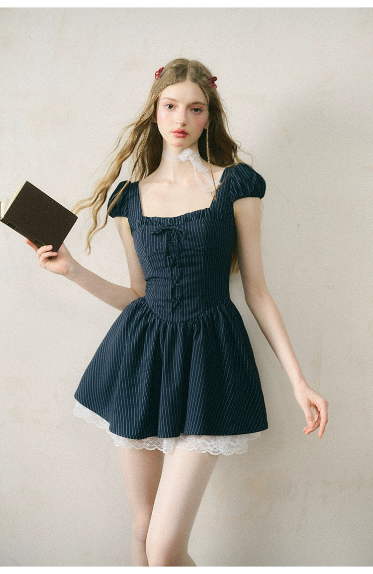 Ribbon Lace Stripe Puff Sleeve Dress