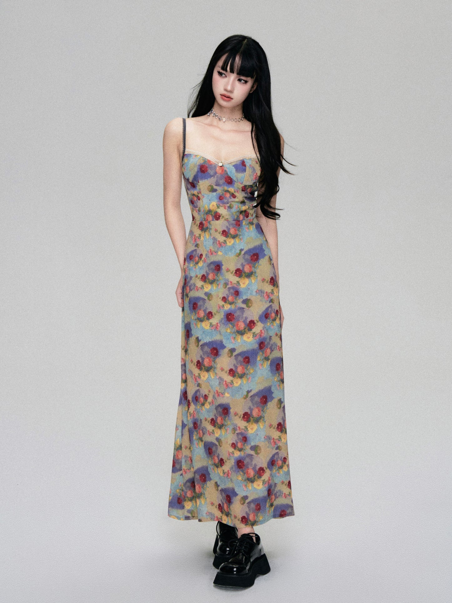 French Retro Stain Floral Suspender Dress