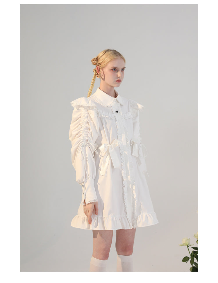 French Girly Frilled Ribbon Shirt Dress