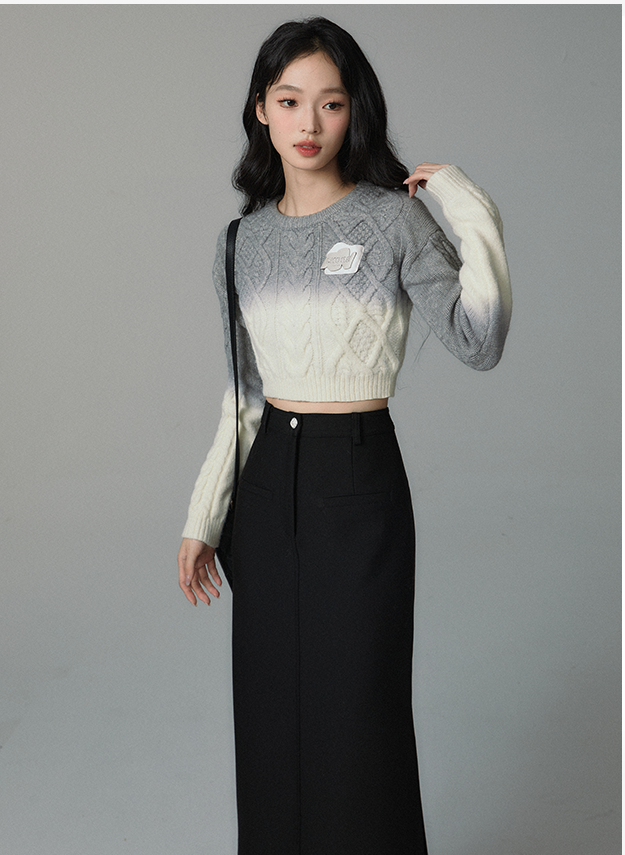 Cable spray-dyed pullover gradient sweater &amp; skirt set up