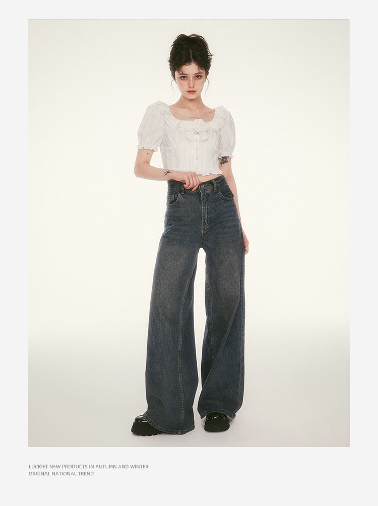 Retro wash wide leg pants casual loose jeans