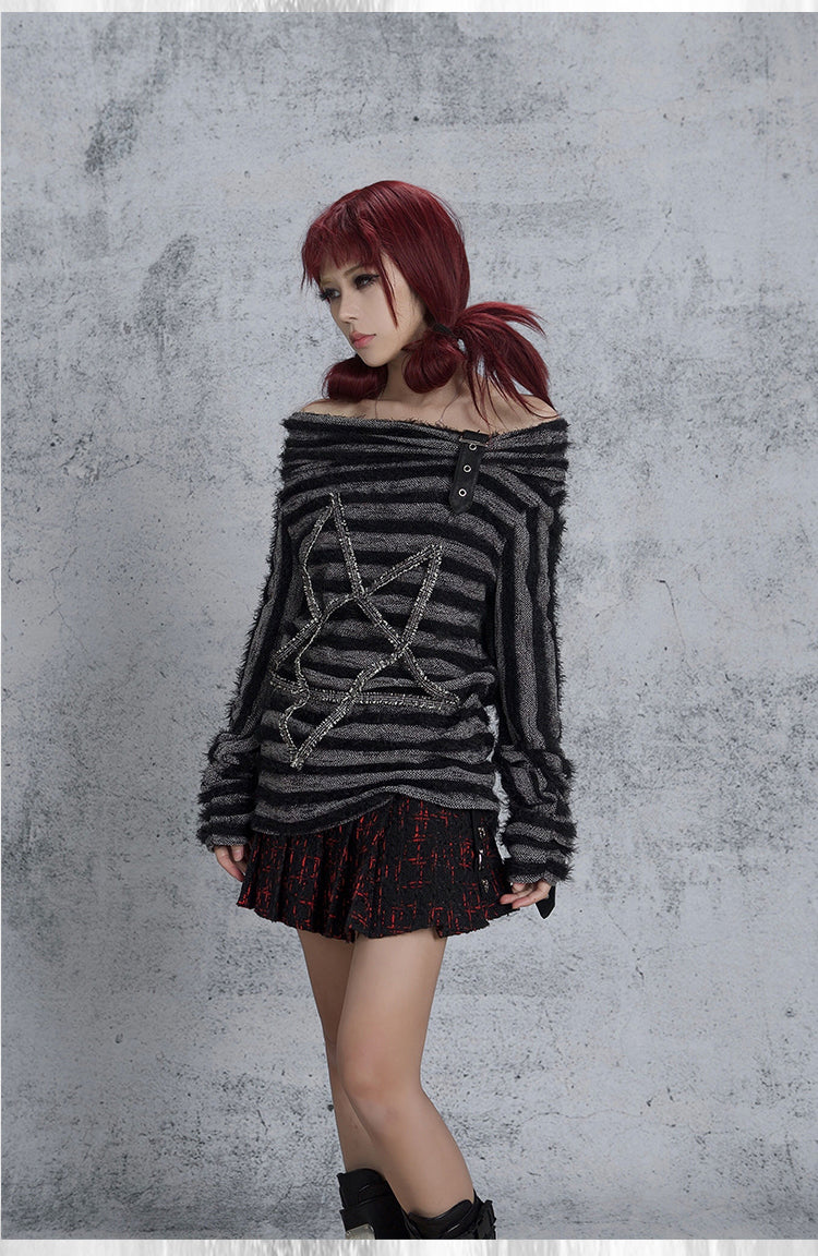 One-shoulder star stripe knit