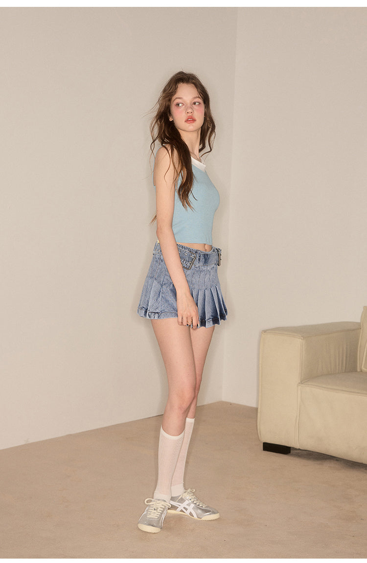 Slim Pleated Line Washed Denim Skirt