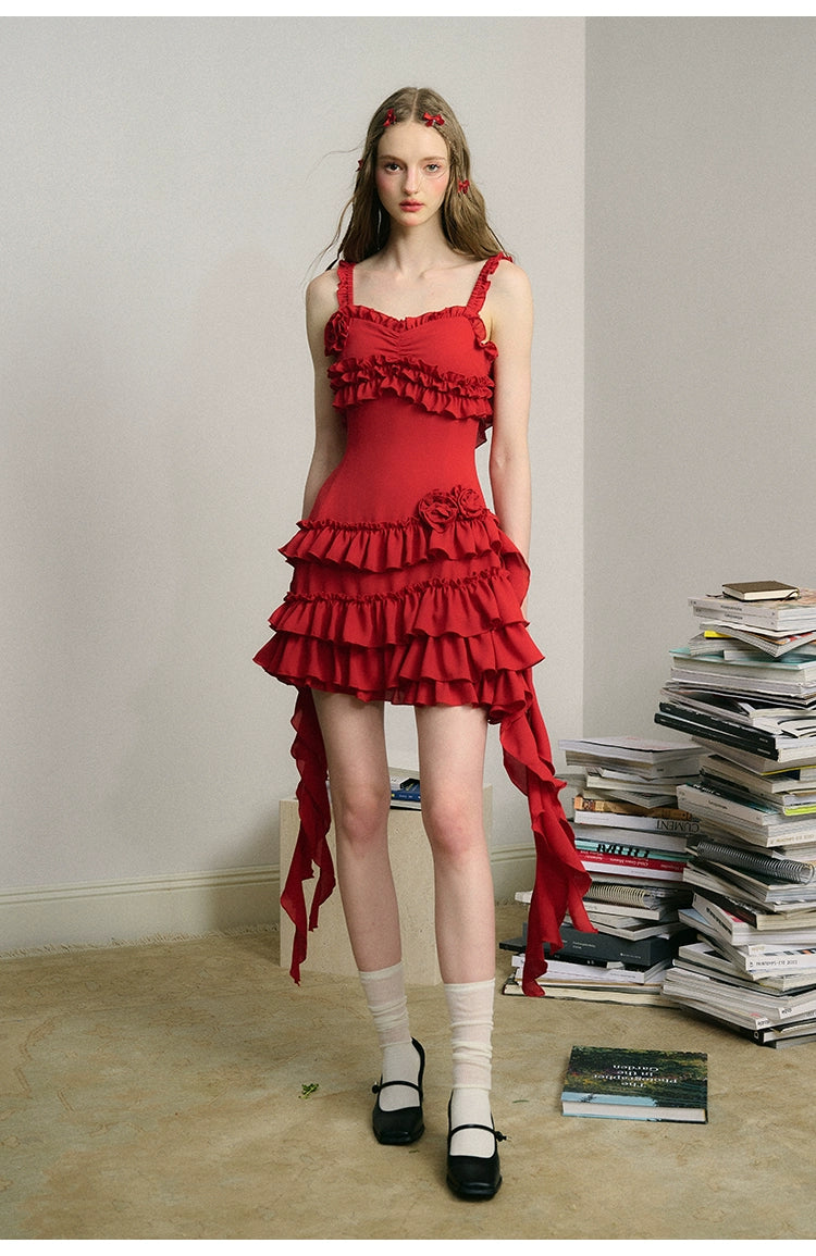 Relaxed French Red Suspender Dress