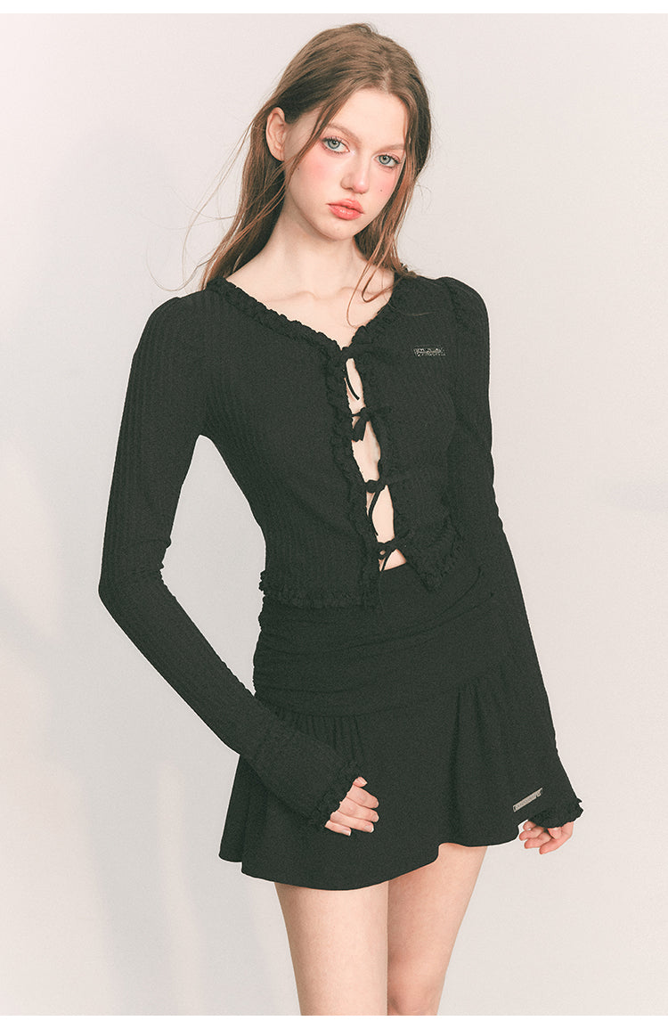 Front  Ribbon Tight Long Sleeve Knit