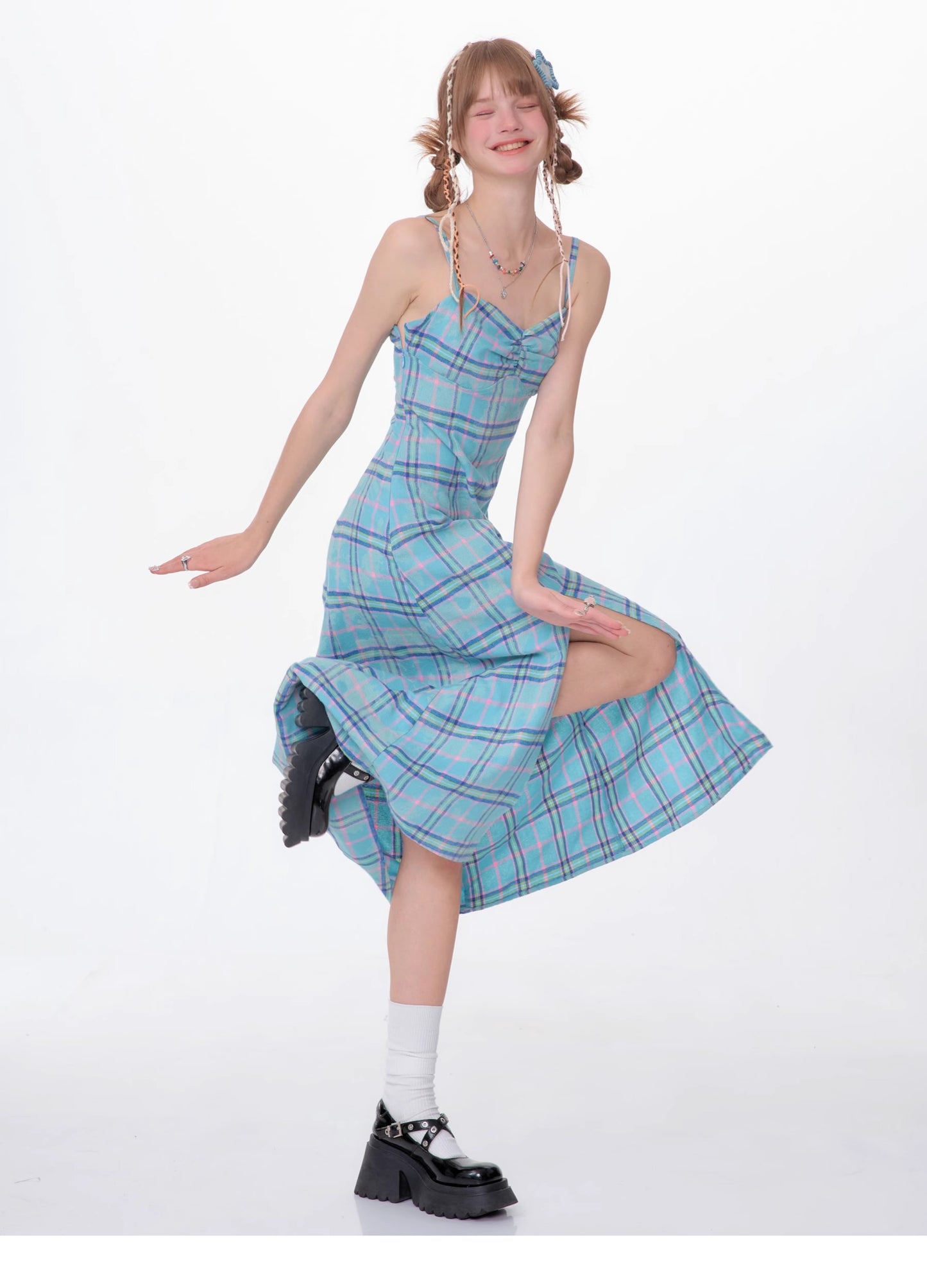 Slit Suspender Plaid Dress