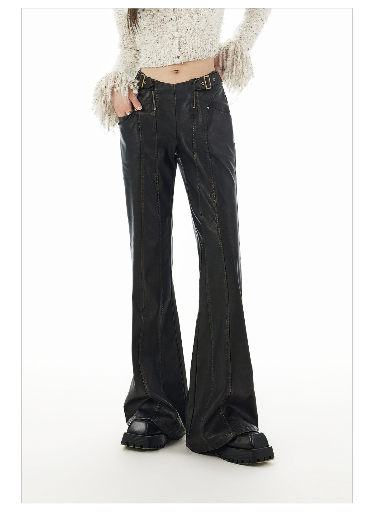 V-Waist PU Leather Pants