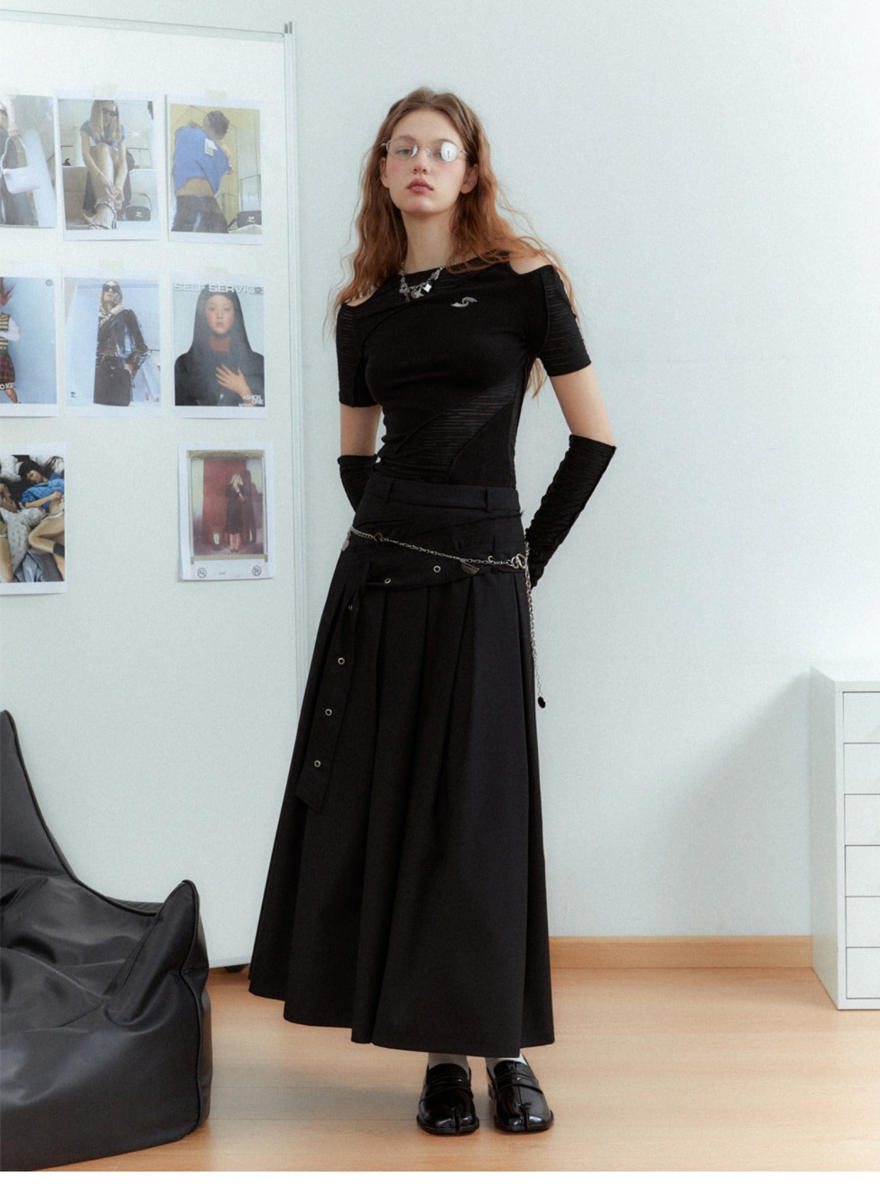 Asymmetrical long length pleated skirt