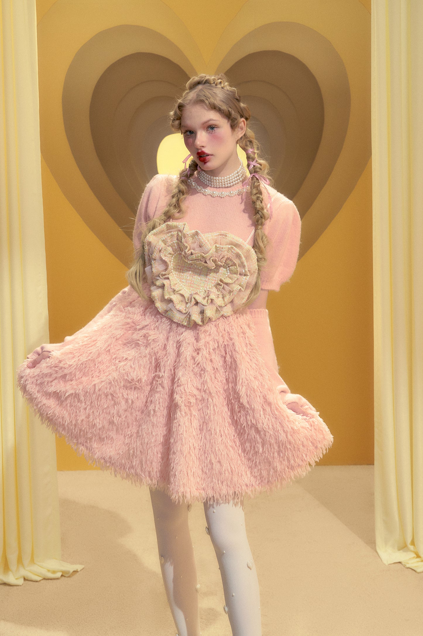 Pink Tweed Layered Love Pearl Embellished Fur High Waist Suspender Skirt