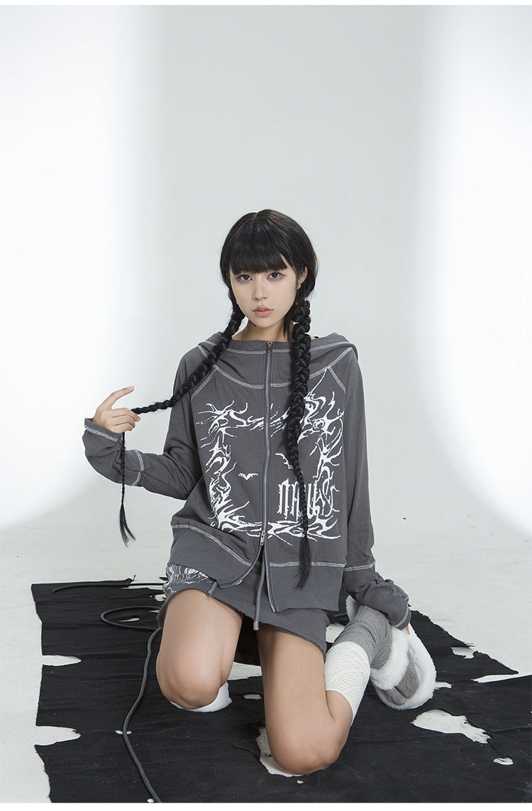 Loose Fit Zip Punk Hoodie & Short Length Sweatshirt Skirt