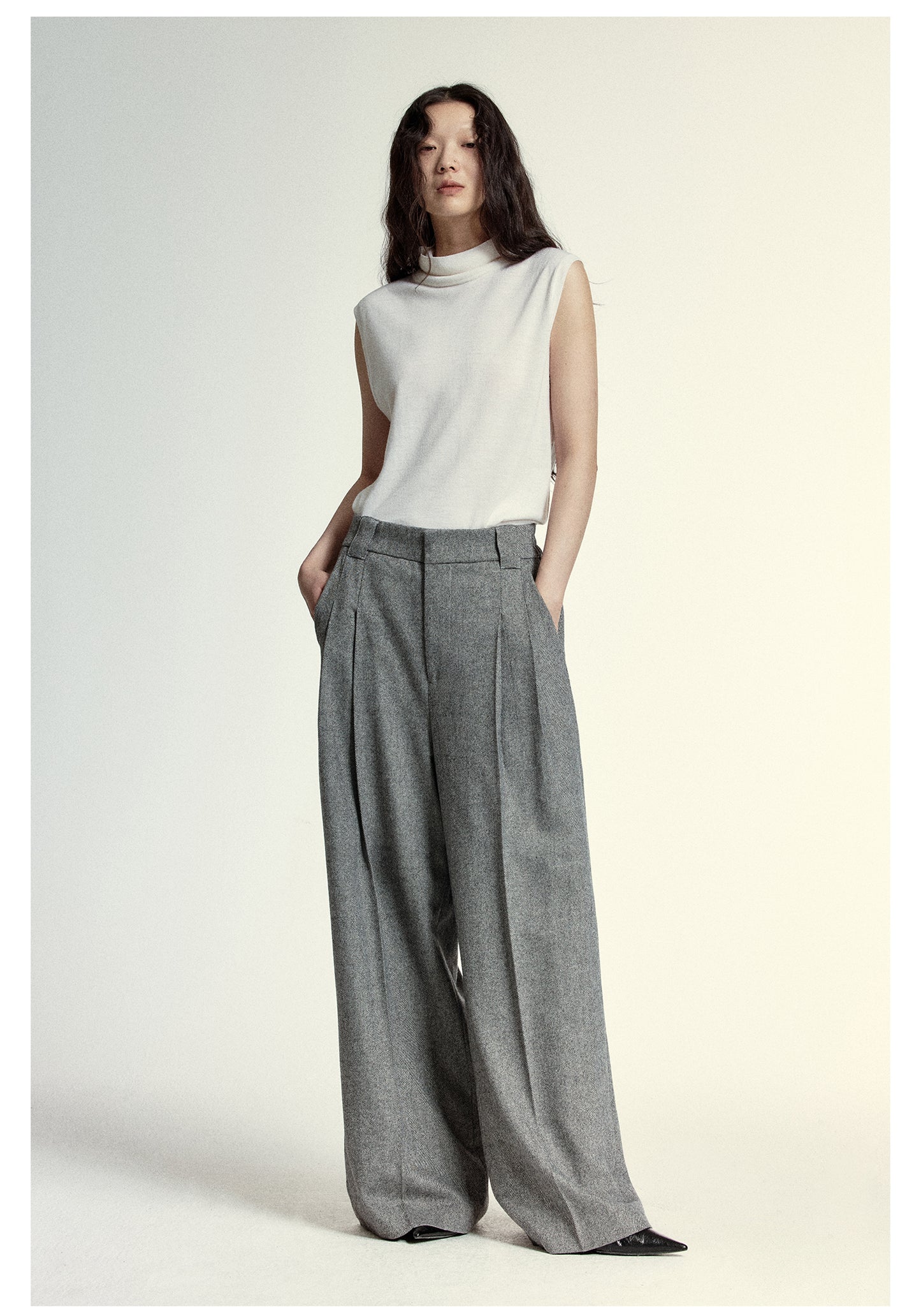 Wool-blend tweed wide pants