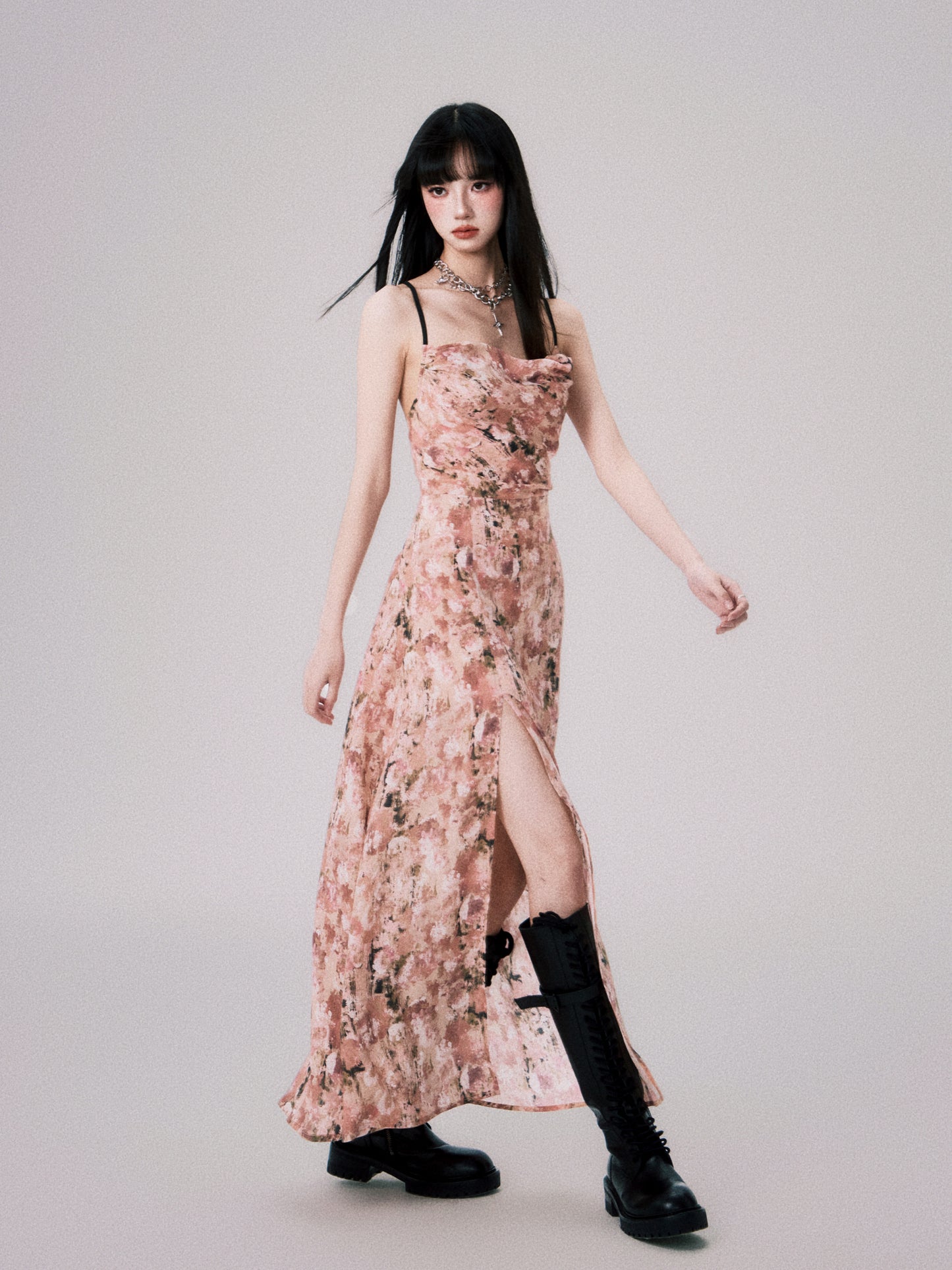 Slim fit floral slit suspender dress