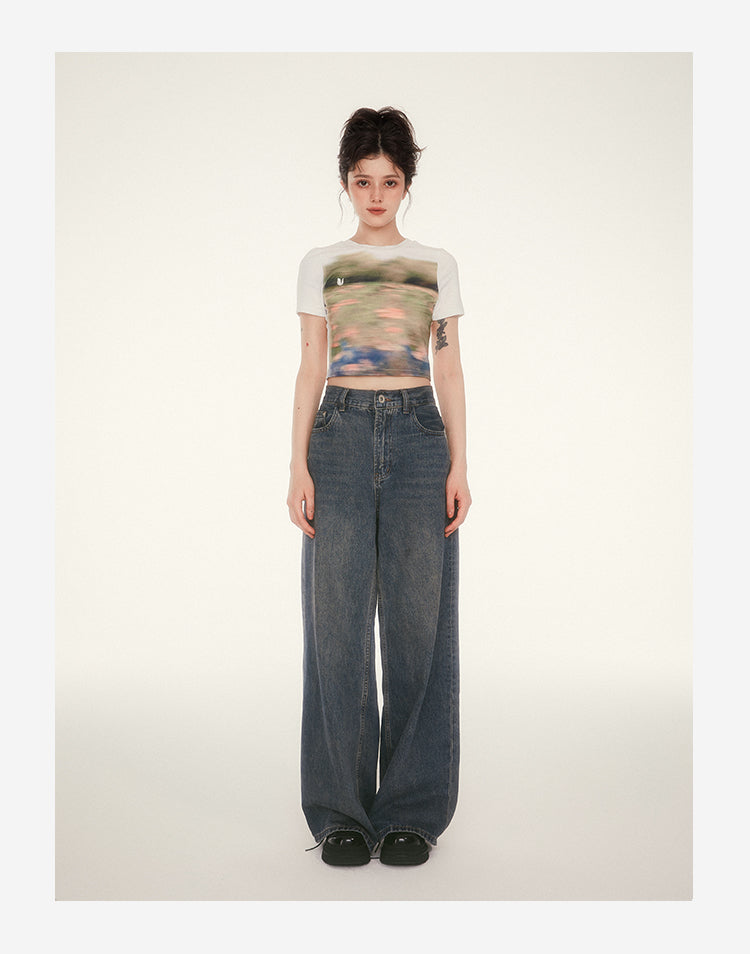 Retro wash wide leg pants casual loose jeans