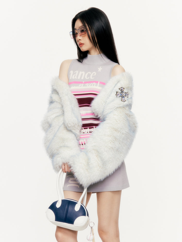 Rhinestone Cross Fur Autumn Winter Thick Short Jacket