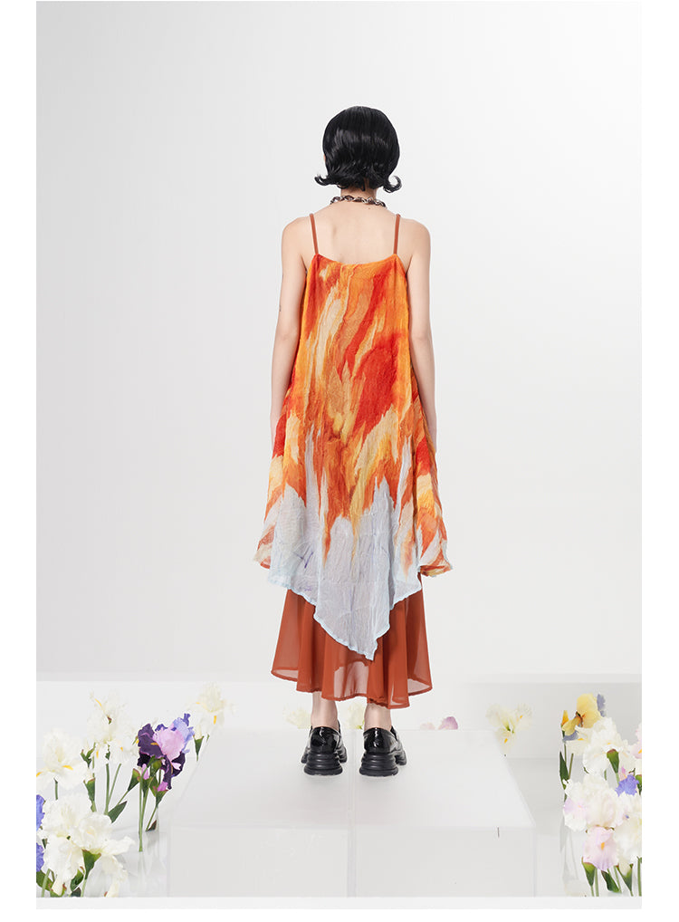 Tie-dye pattern square neck suspender dress