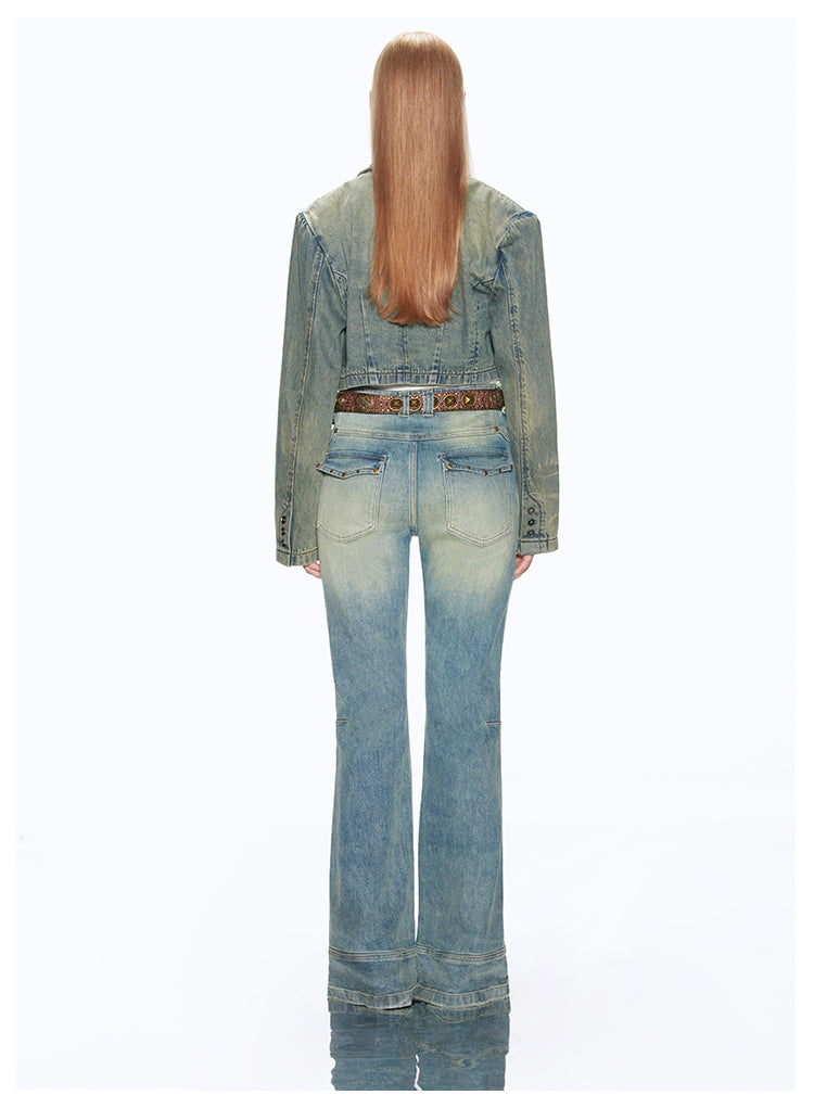 Short washed retro denim jacket &amp;Slim straight washed retro flare denim pants