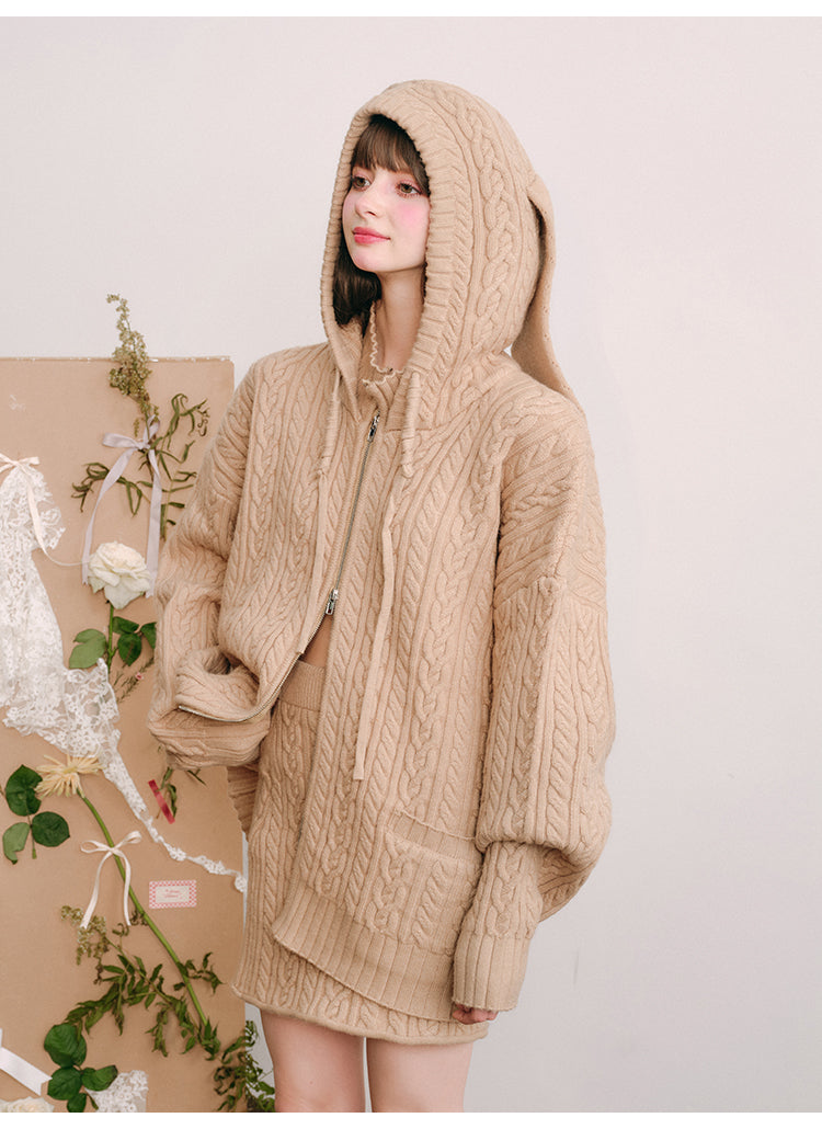 Rabbit ears hooded knit cardigan&Skirt