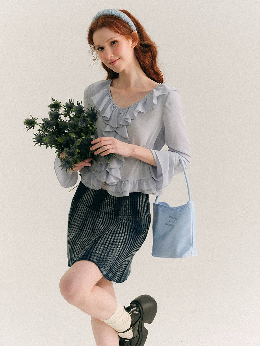 Sea Blue Broken Ruffle French Shirt Top