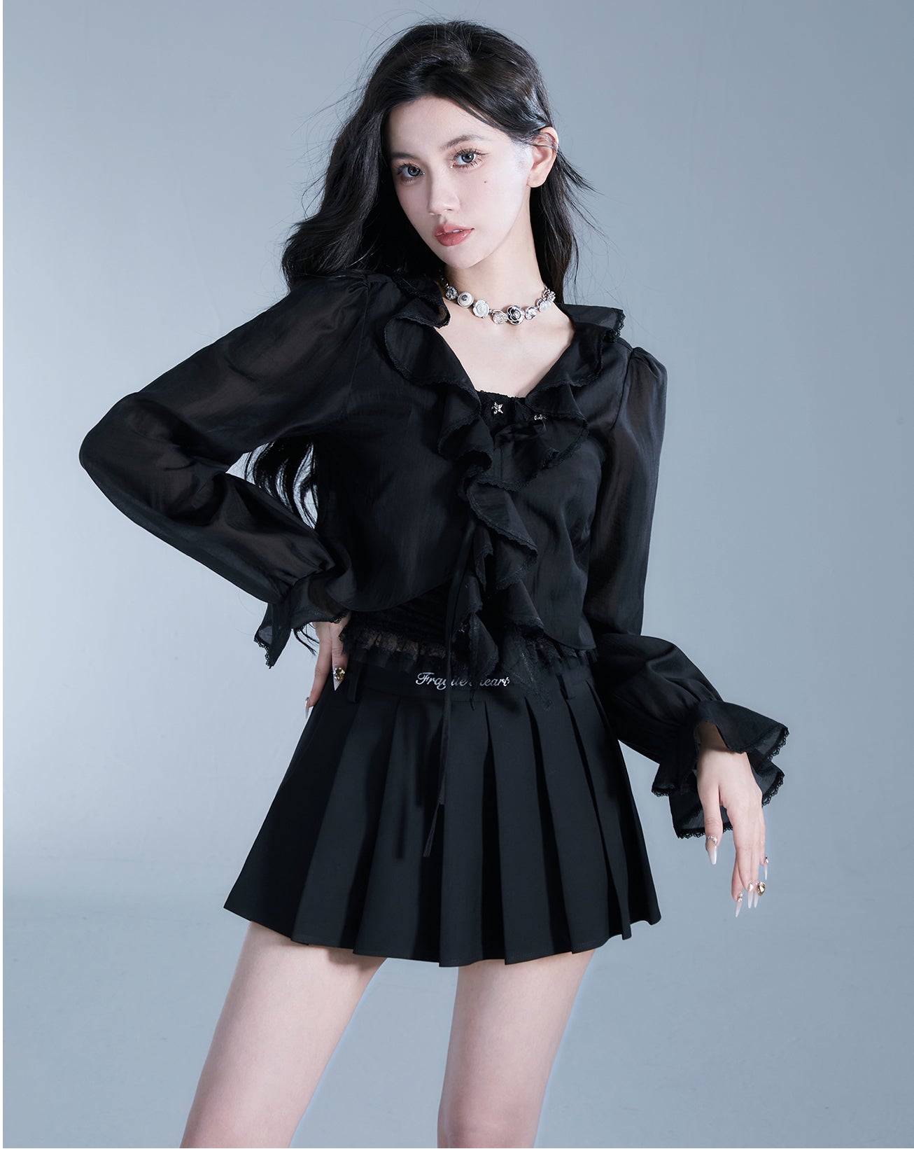 Long Sleeve Frilled Lace Blouce