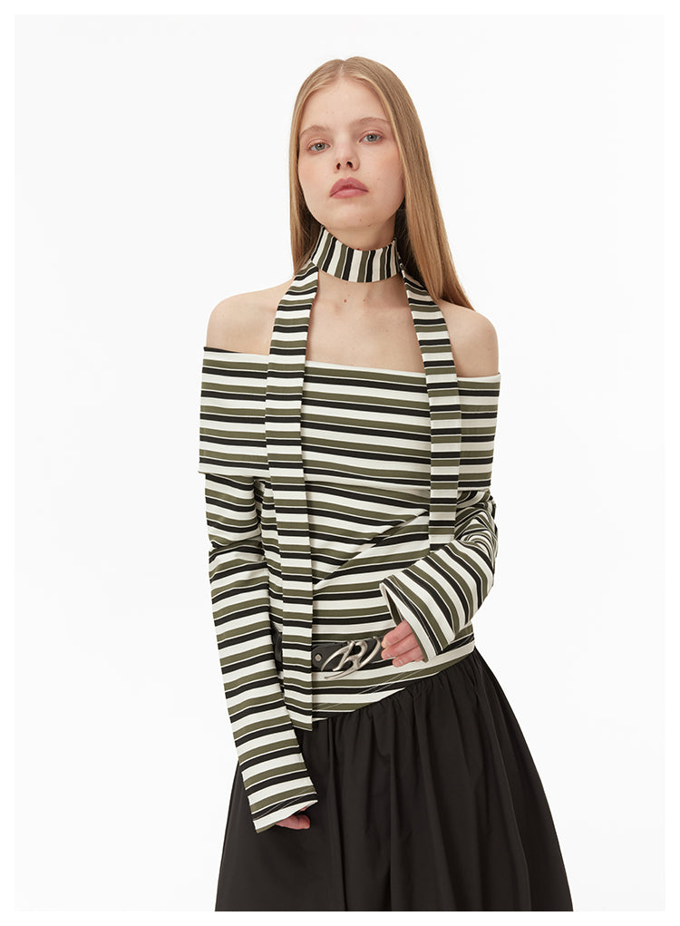 Off-shoulder neck strap striped knit