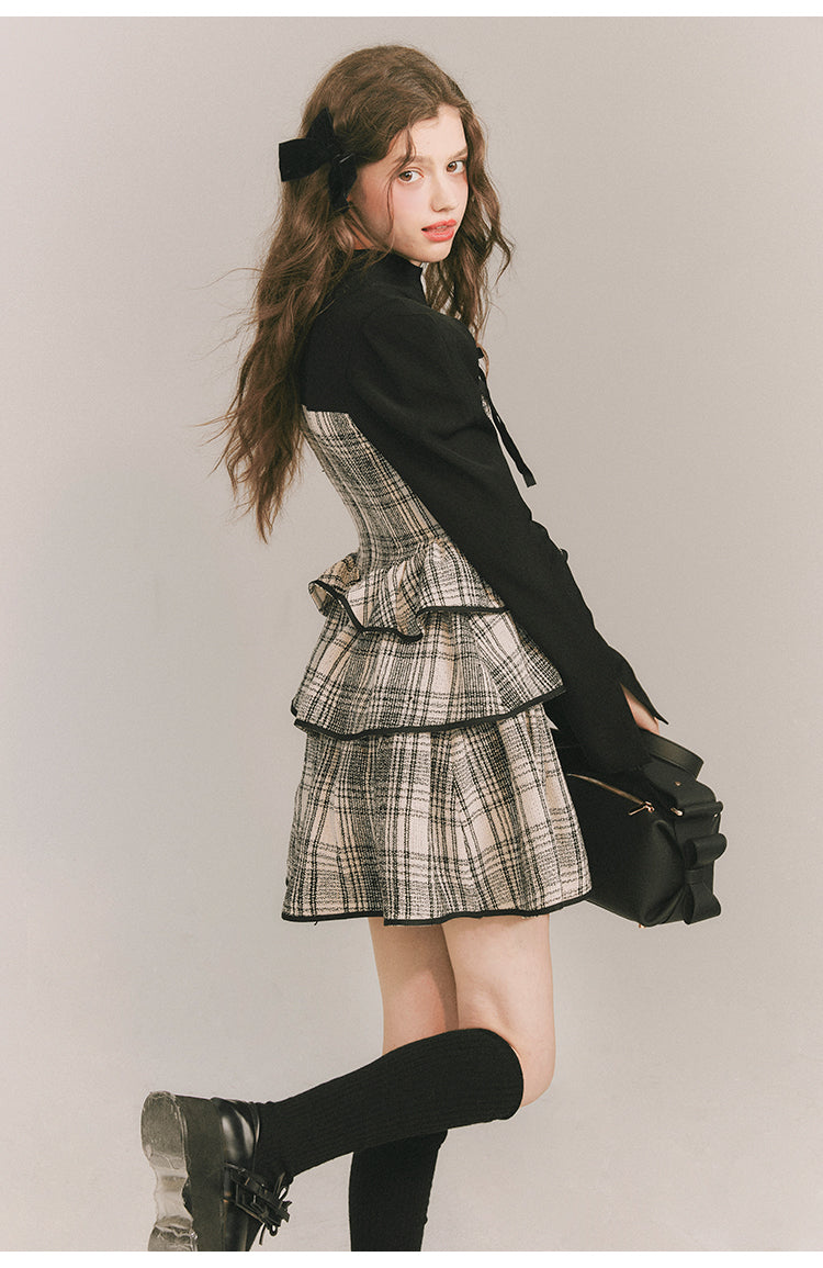 Checkered Shoulder Bow Fake Two-piece Dress