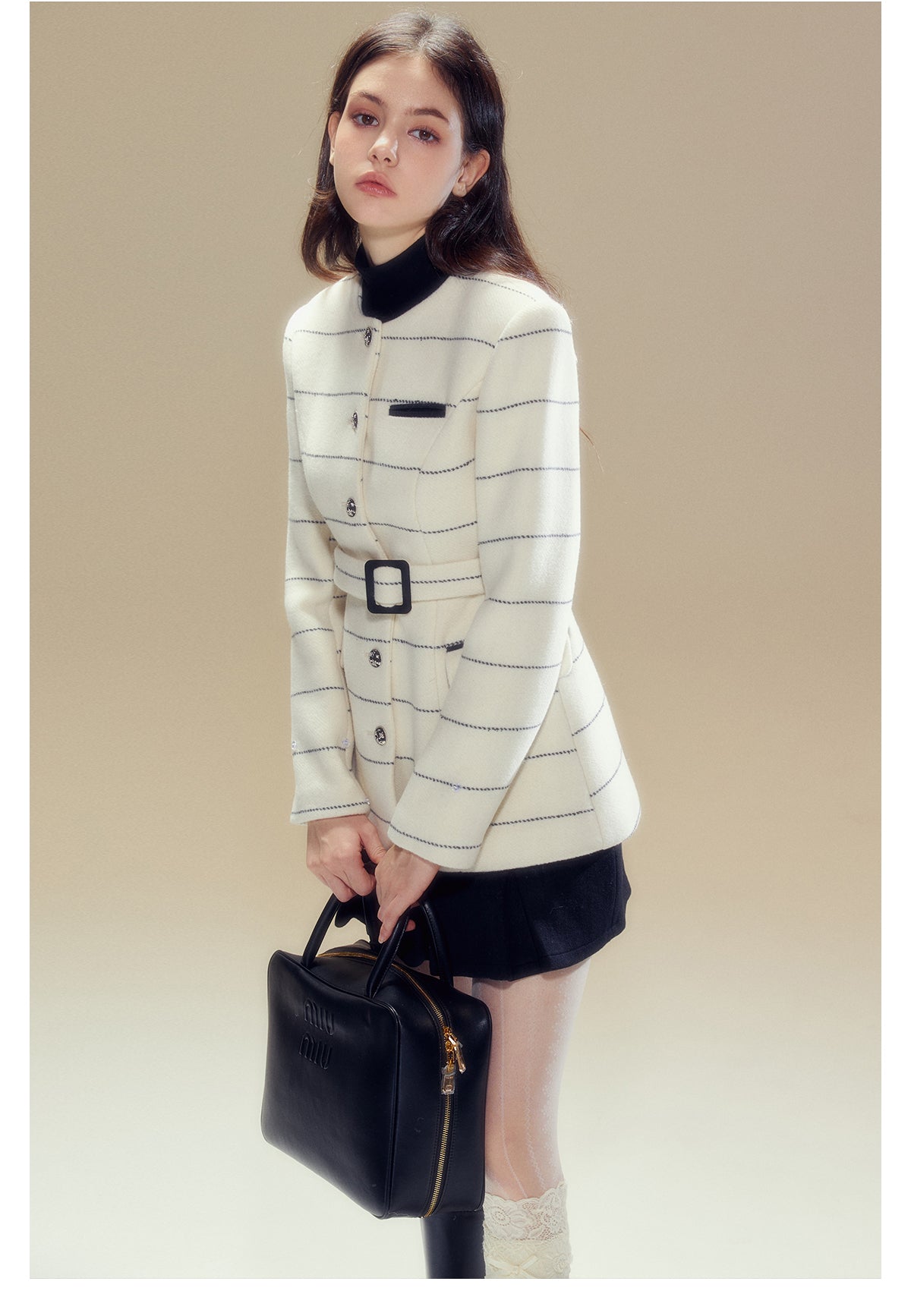 Short length striped collar fur wool coat