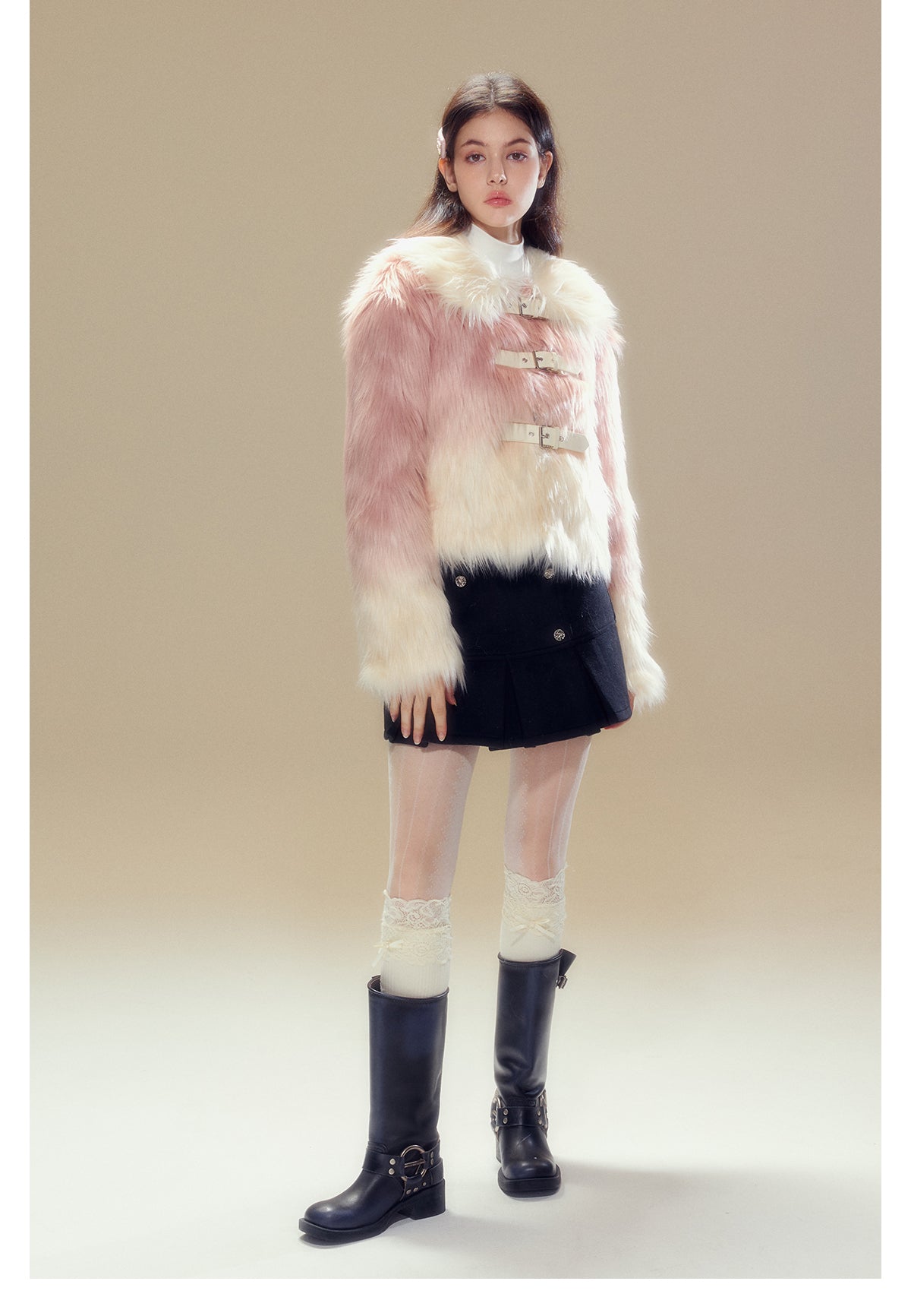 Short Length Gradient Leather Buckle Fur Jacket