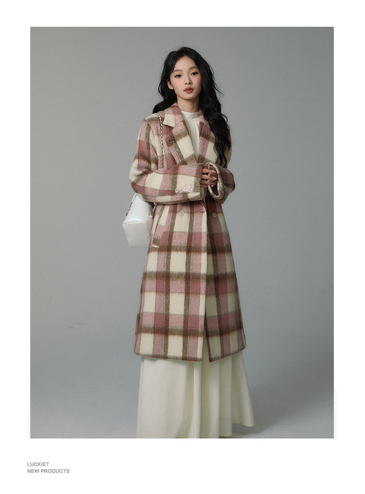 Checked wool mid-length coat