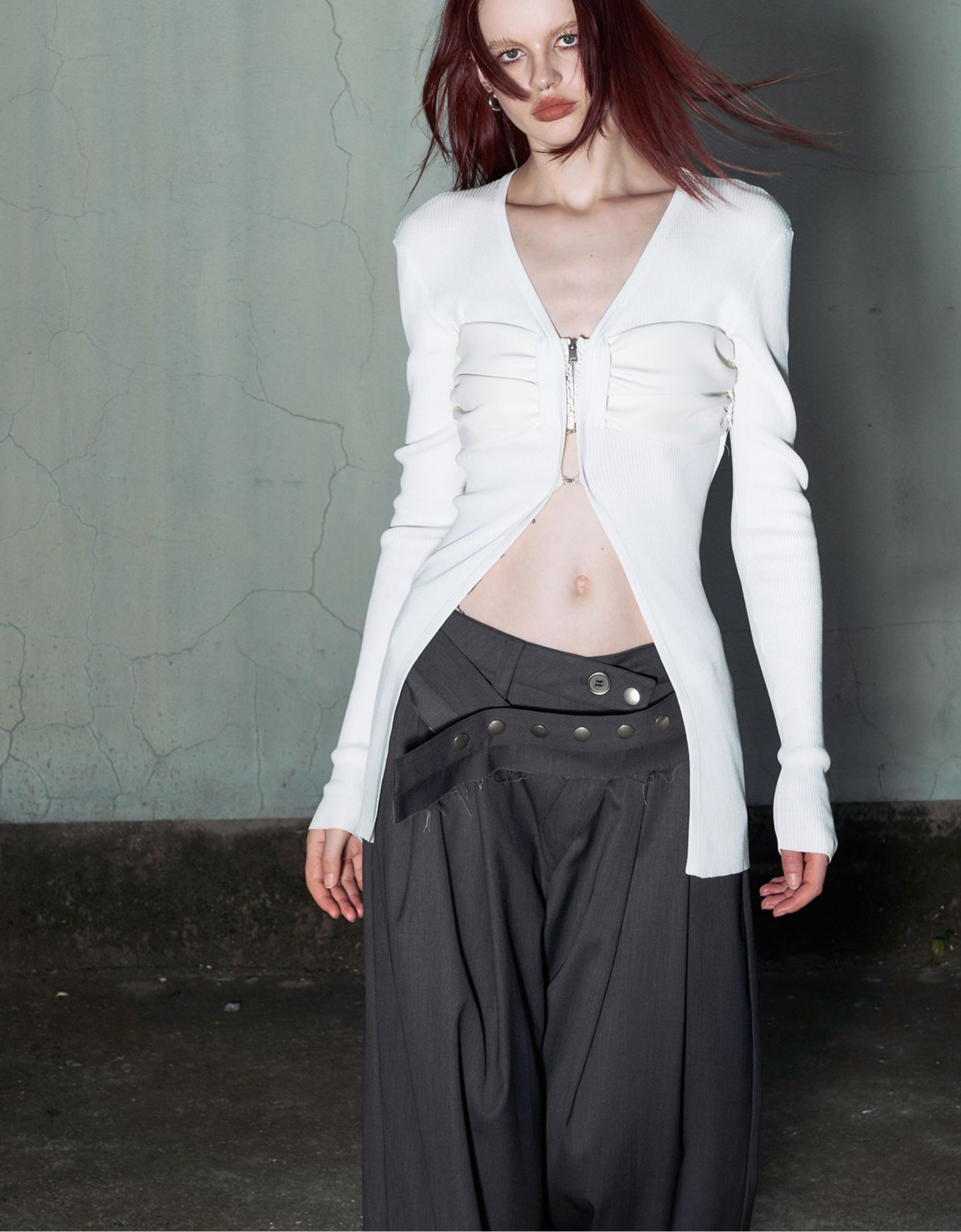 Irregular Waist Wide Straight Slacks Pants