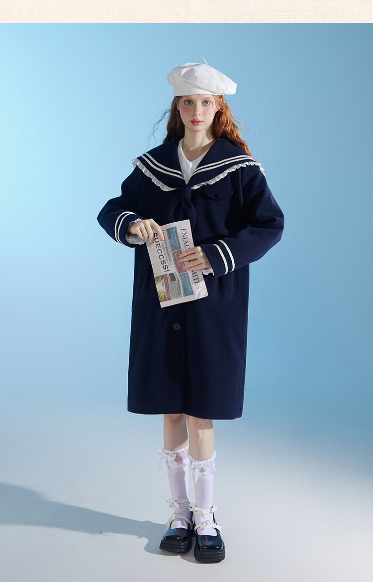 Original design college style navy mid-length wool coat