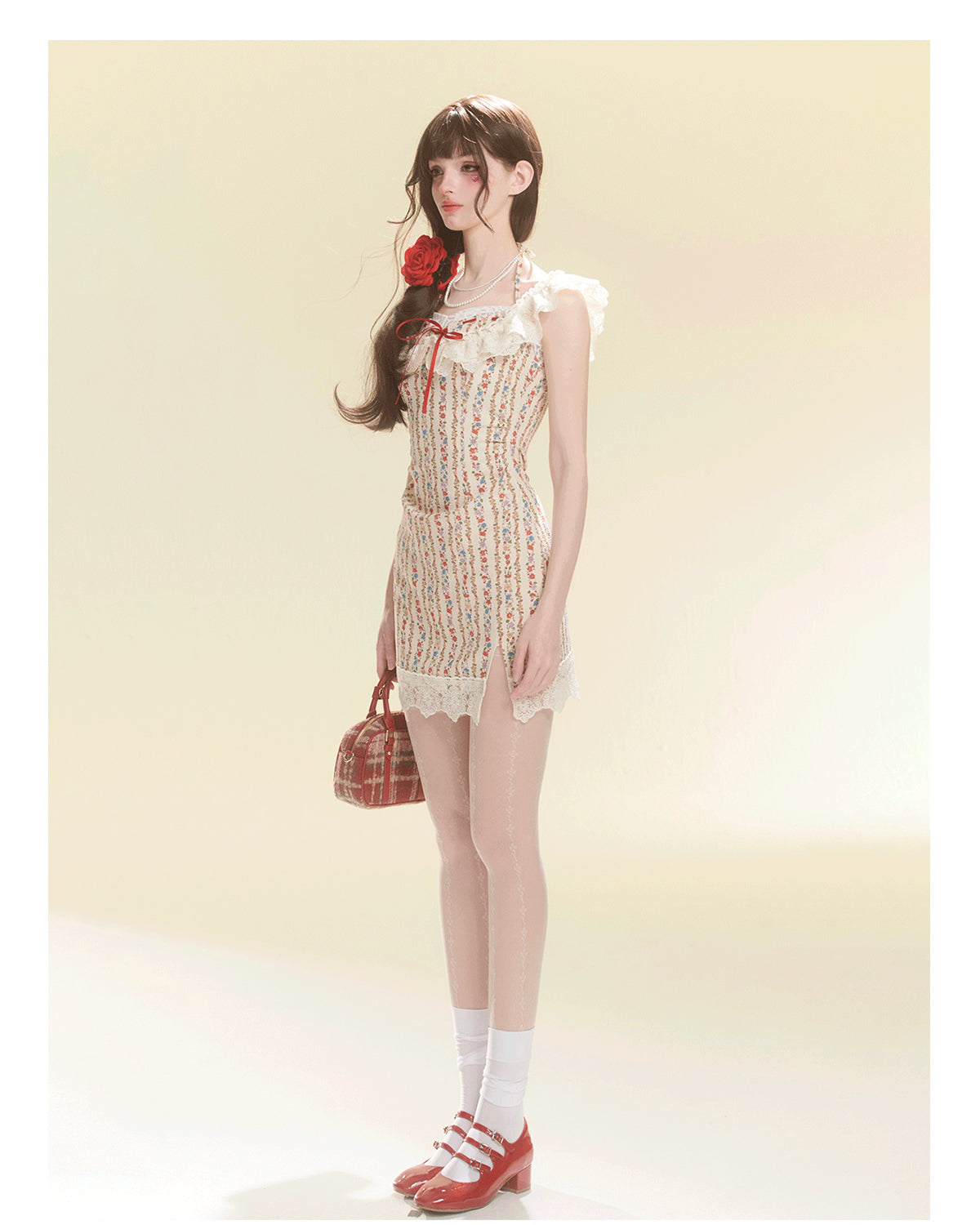 Floral Pattern Stripe Suspender Dress