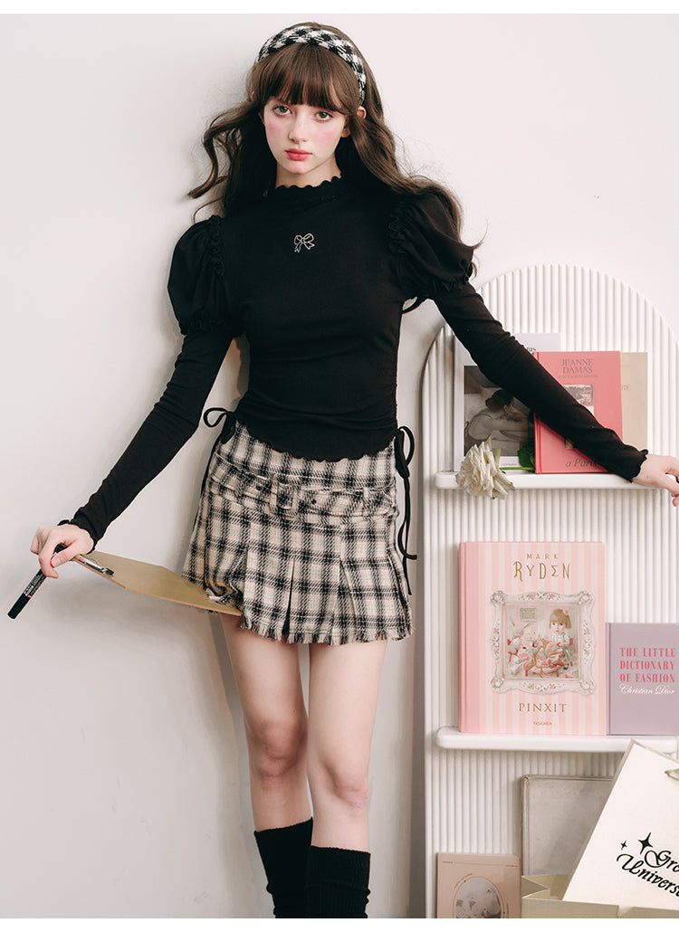 ELASTIC DRAWSTRING BLACK KNIT BOTTOM SHIRT