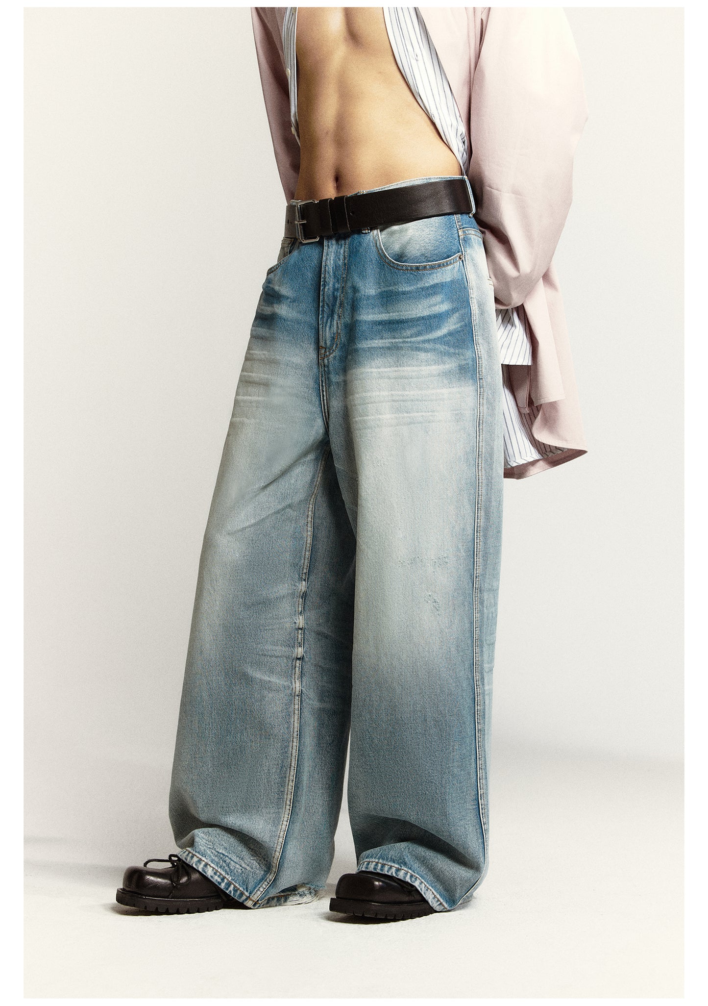 Wide-leg flared washed retro denim pants