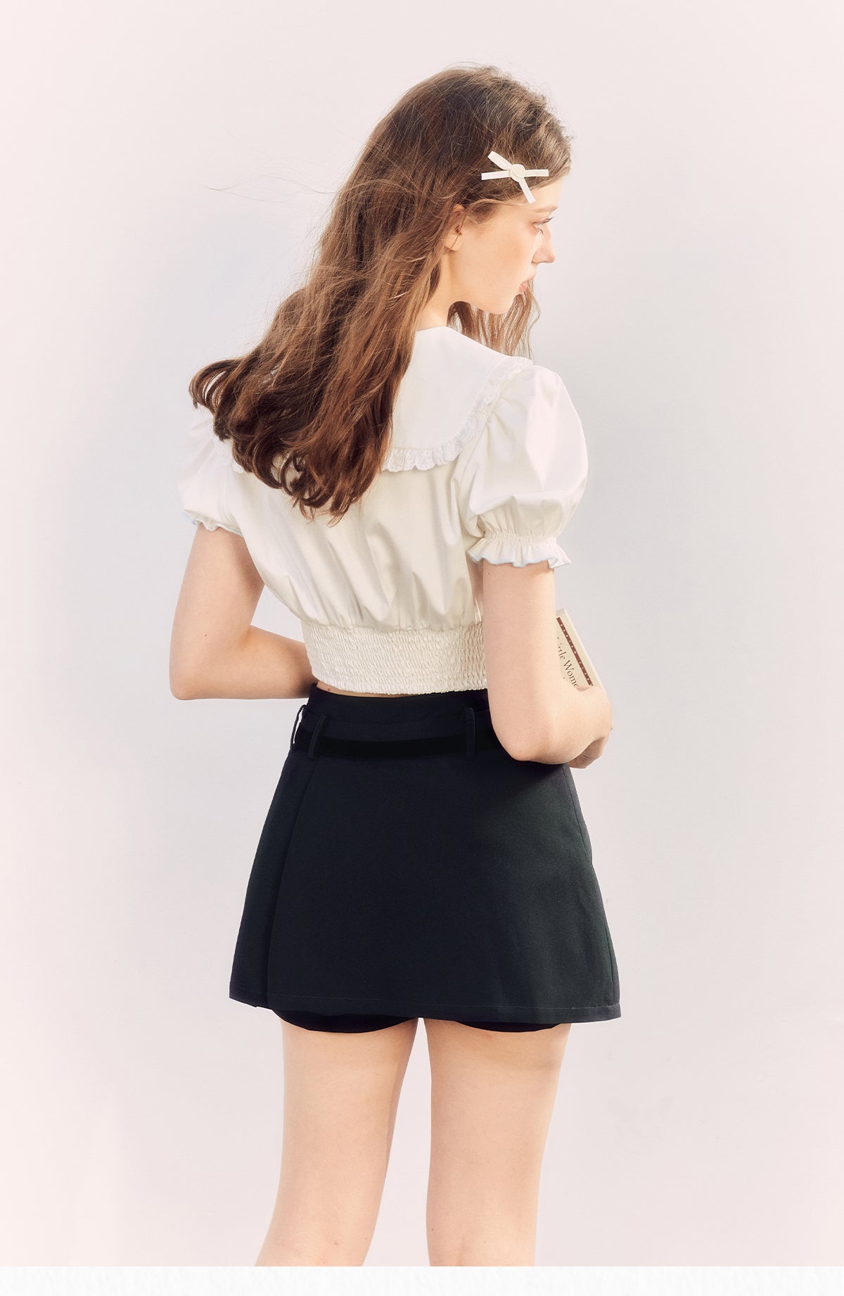 Puff sleeve label waist short shirt