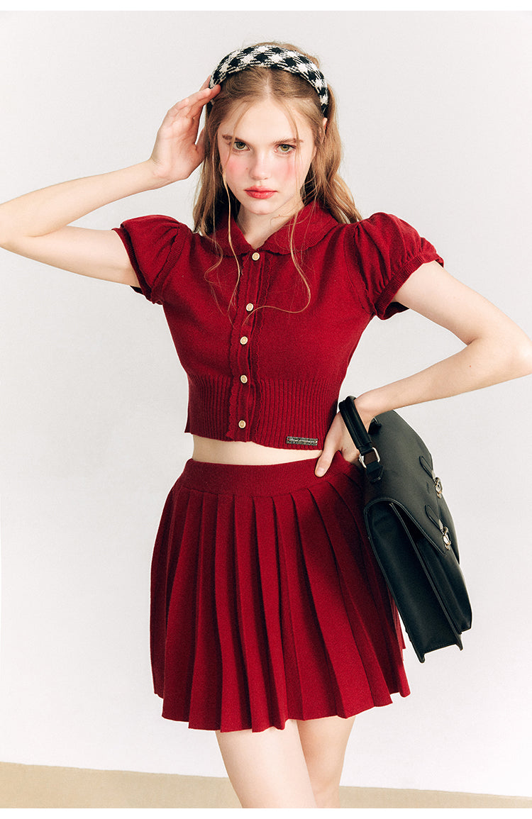 Puff Sleeve Short Length Knit & Pleated Short Length Skirt Setup